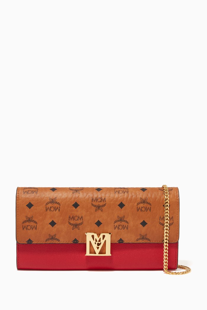 

Large Mena Crossbody Wallet in Visetos & Leather, Red