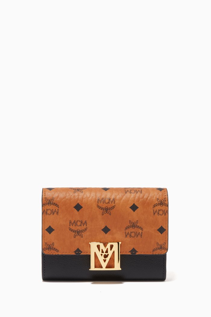 Small Mena Wallet in Visetos & Leather, Black