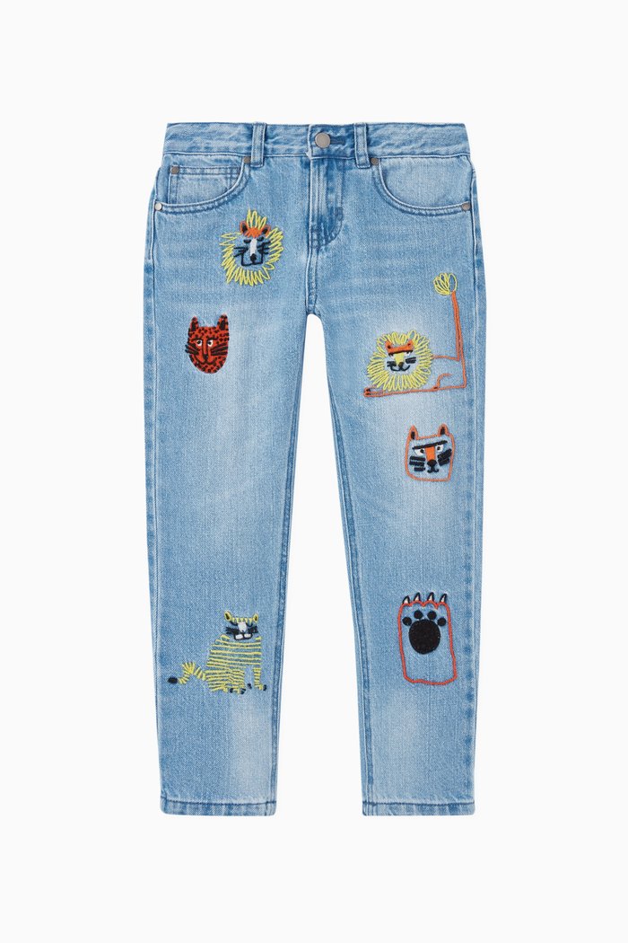 

Embroidered Cats Cotton Denim Boyfriend Pants, Blue