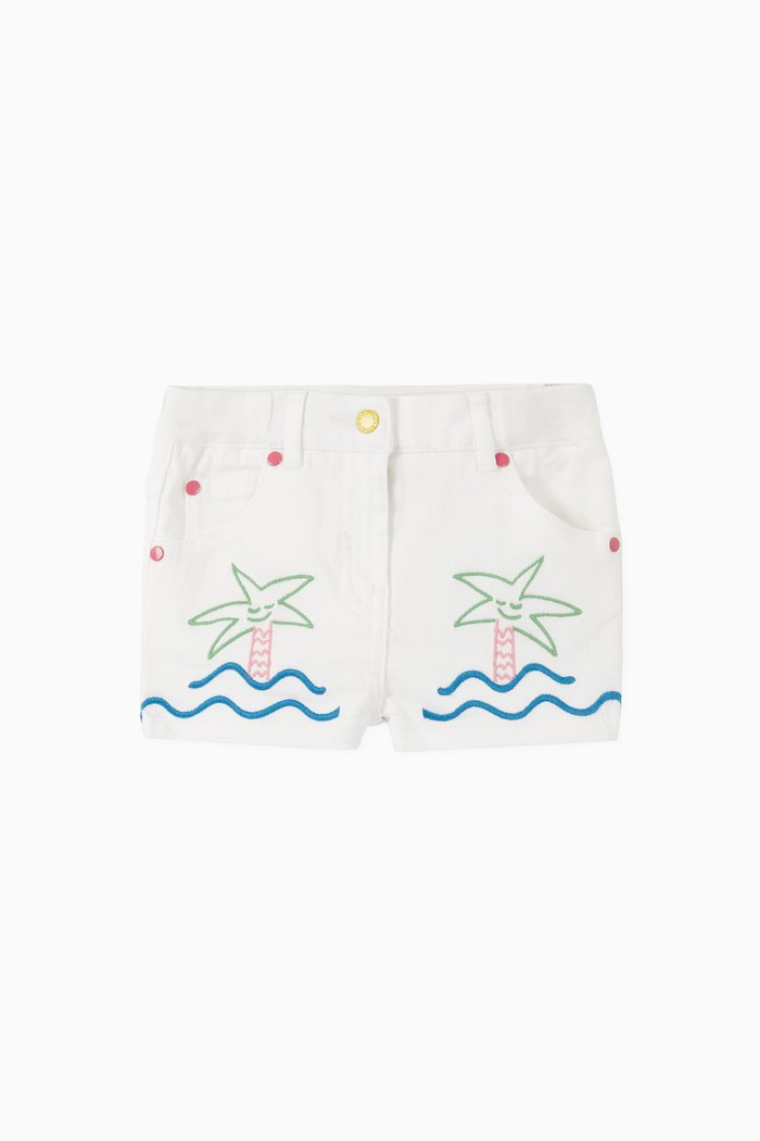 

Embroidered Palm & Sea Stretch Organic Cotton Shorts, White