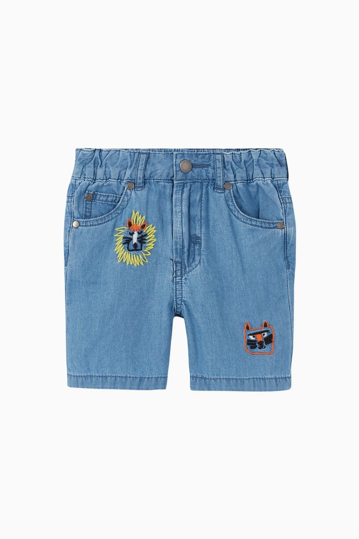 

Embroidered Cats Cotton Denim Chambray Shorts, Blue