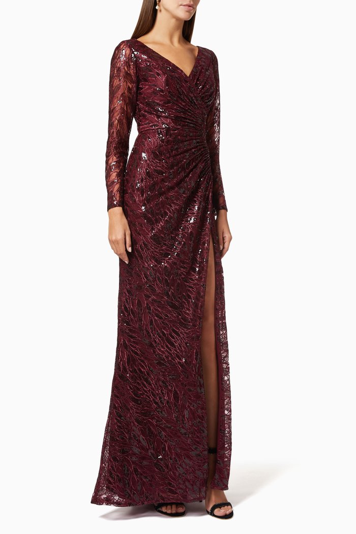 

Ruched Lace Gown with Sequin Embroidery, Red