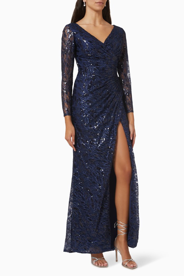 

Ruched Lace Gown with Sequin Embroidery, Blue