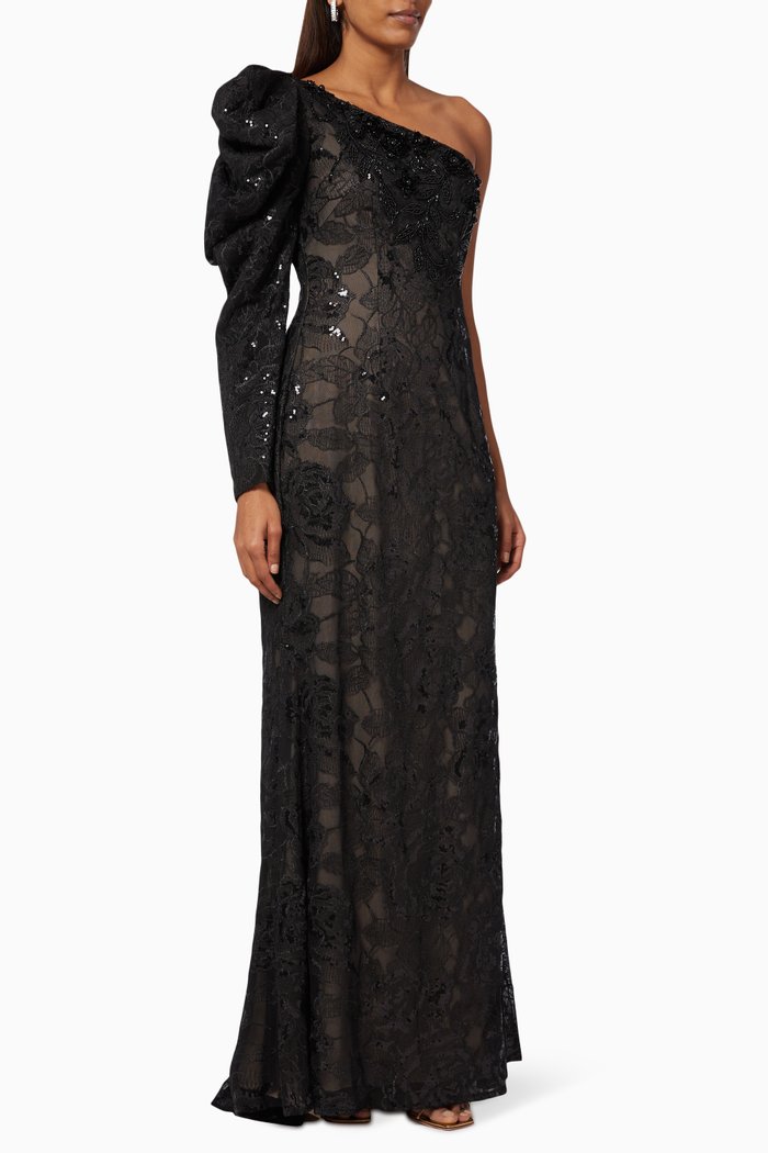 One Shoulder Dress in Beaded Lace, Black