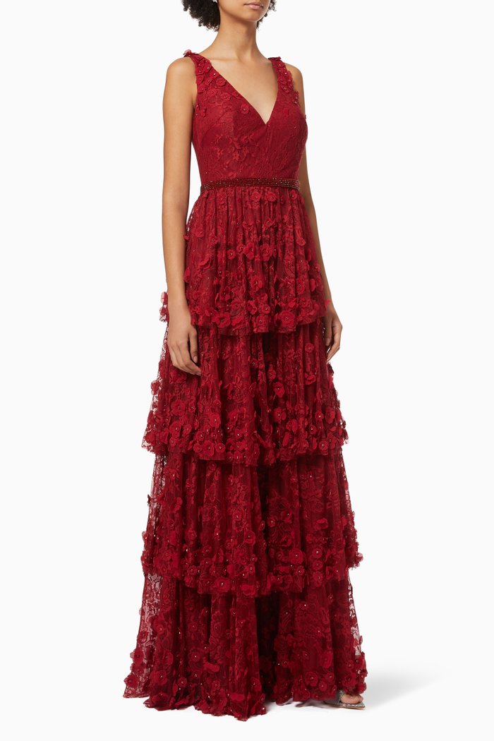 

Tiered Gown in Beaded Lace, Red