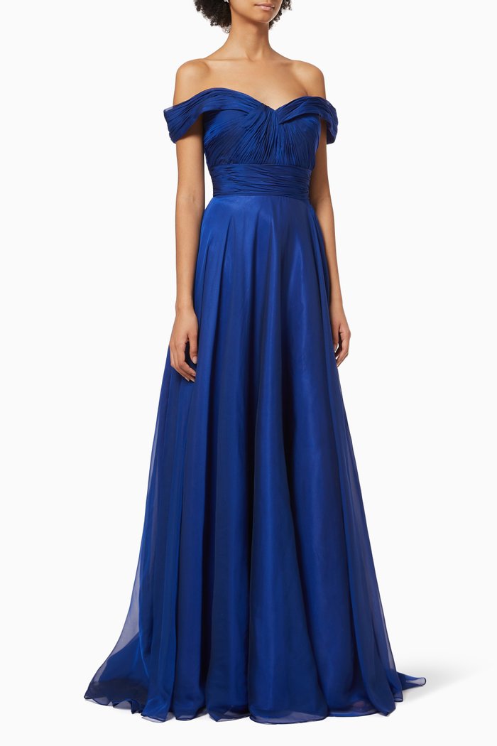 Ruched Off Shoulder Gown, Blue