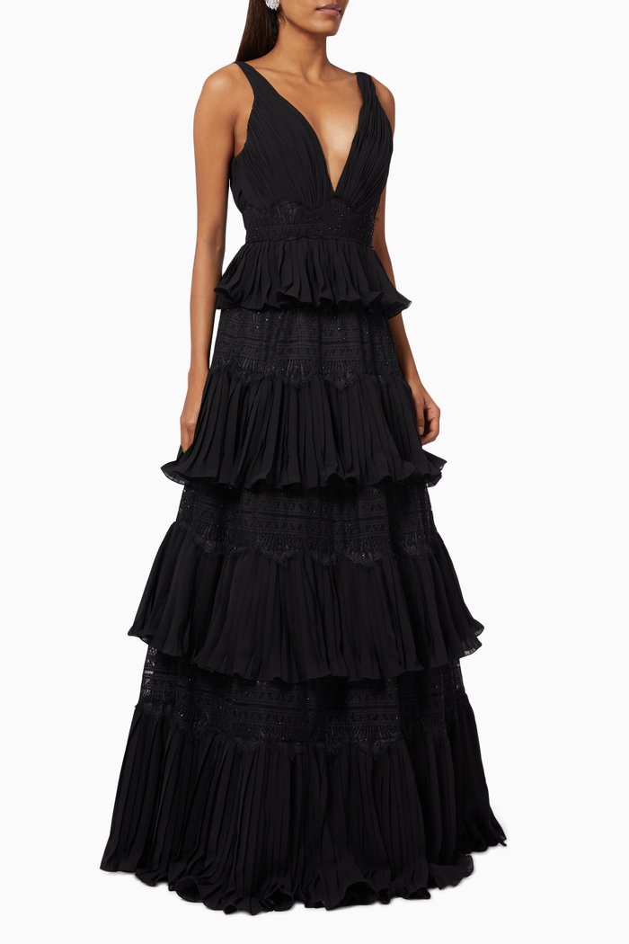 

Pleated Tiered Gown in Lace, Black