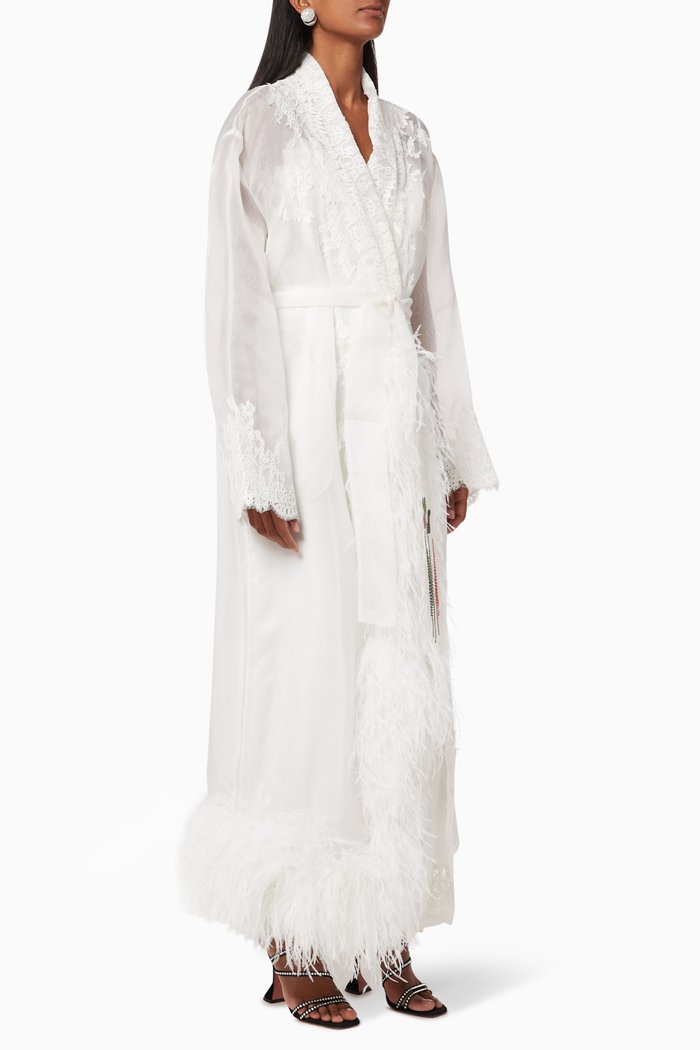 

Italian Organza Feather Abaya with Swarovski Crystal, White