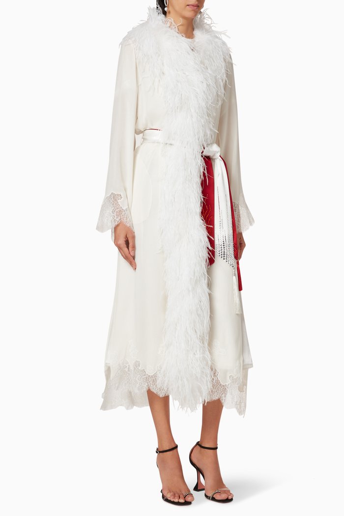 

Spanish Satin Feather Abaya with Swarovski Crystal, White
