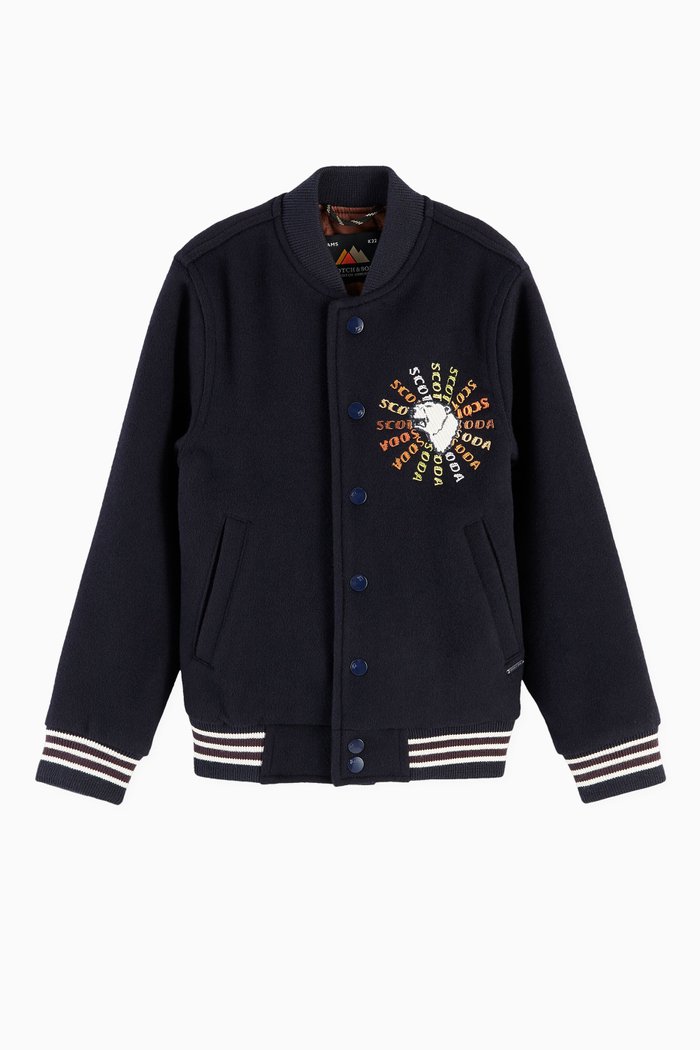 

Wool Blend Embroidered Baseball Jacket, Blue
