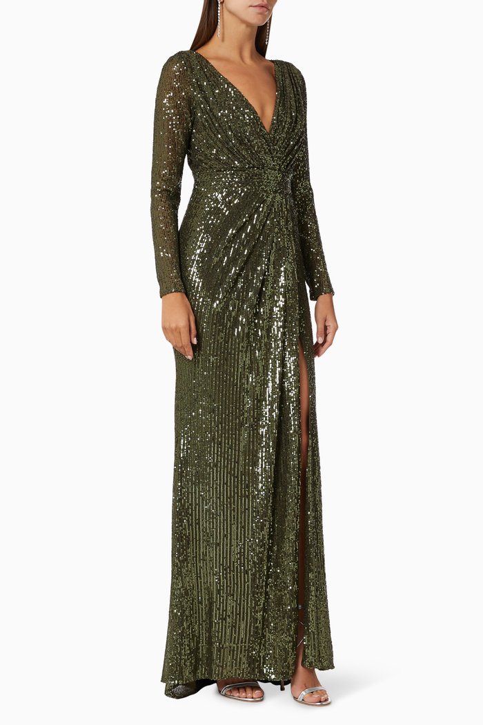 

Tulle Gown with Sequin Embroidery, Green