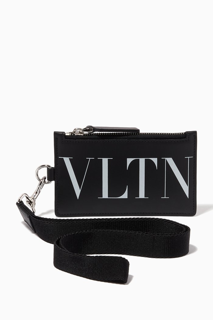 

Valentino Garavani VLTN Cardholder on Strap in Leather, Black