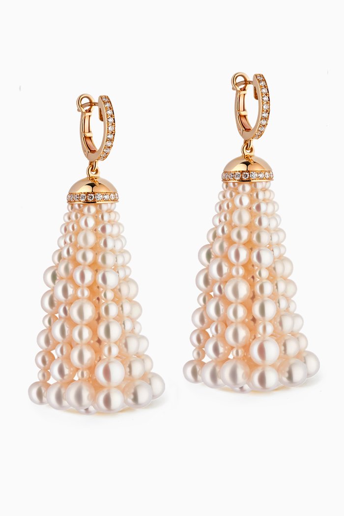 Bahar Diamond Earrings with Pearls in 18kt Yellow Gold, Large