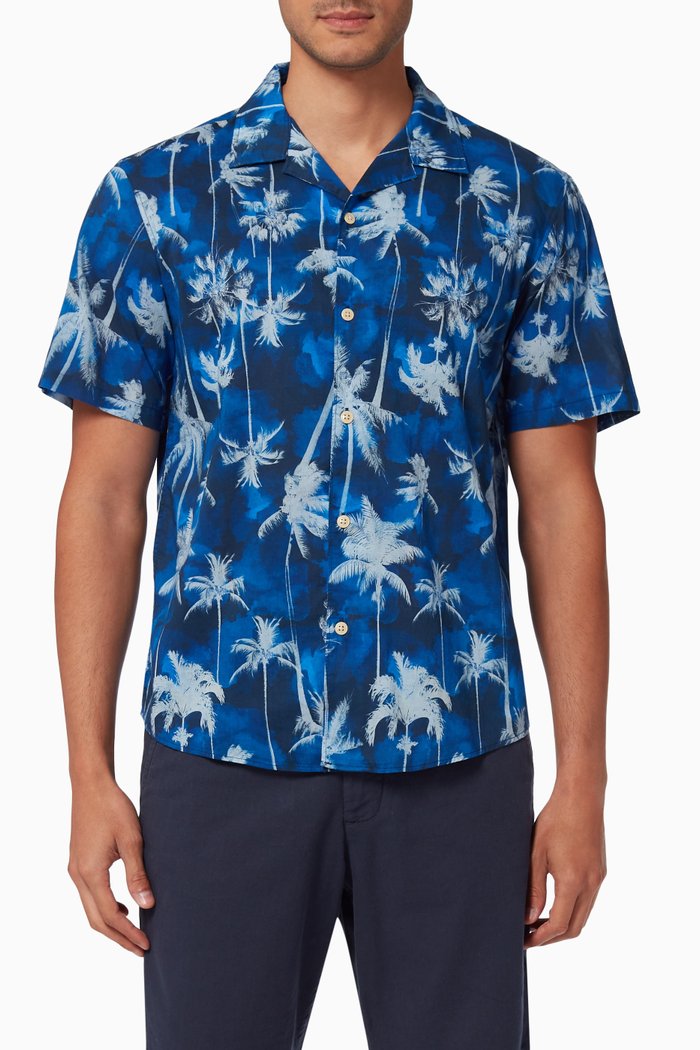 

Tropical Print Resort Shirt in Organic Cotton, Blue