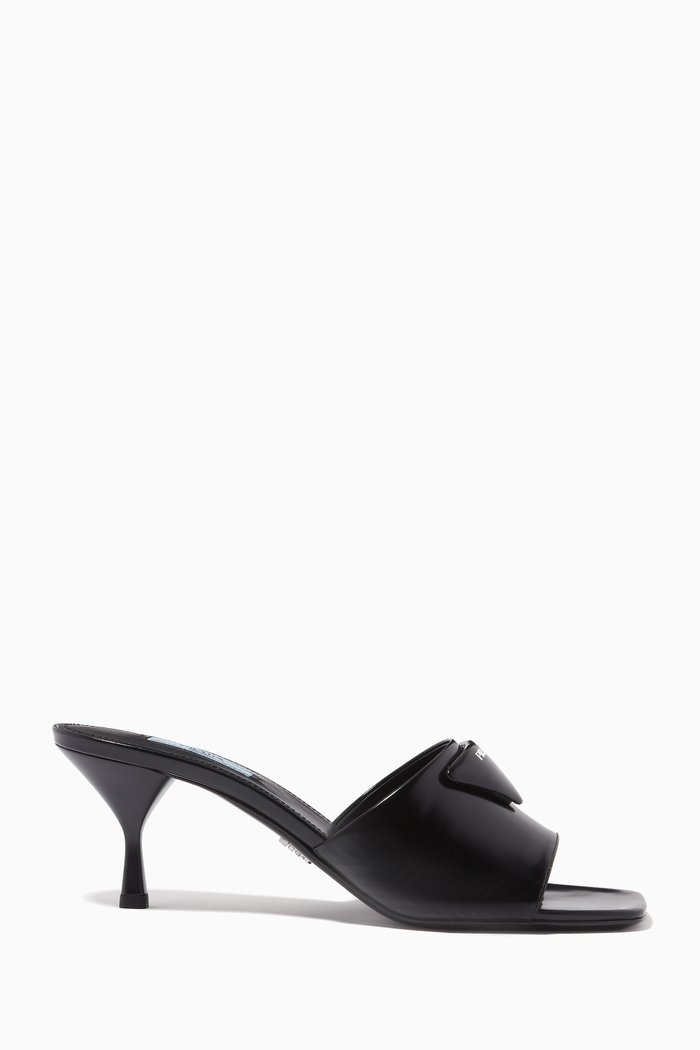 

Logo Triangle Mules in Brushed Leather, Black