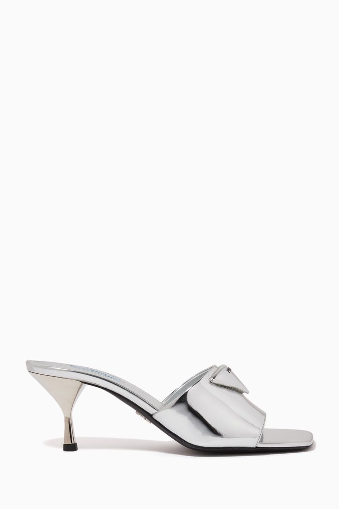 

Logo Triangle 65 Mules in Brushed Leather, Silver