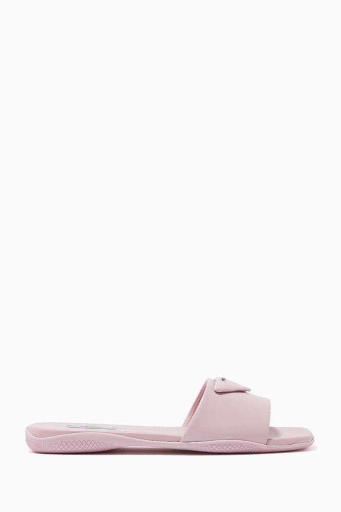 Logo Triangle Slides in Brushed Leather, Pink
