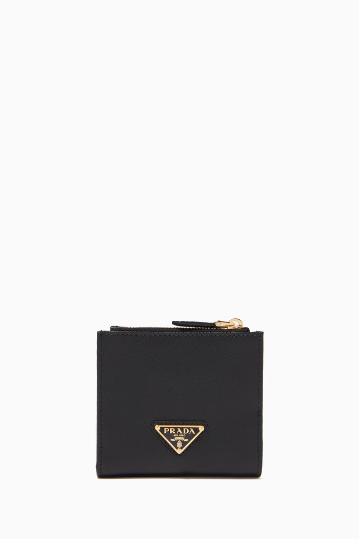 

Triangle Logo Small Wallet in Saffiano Leather, Black