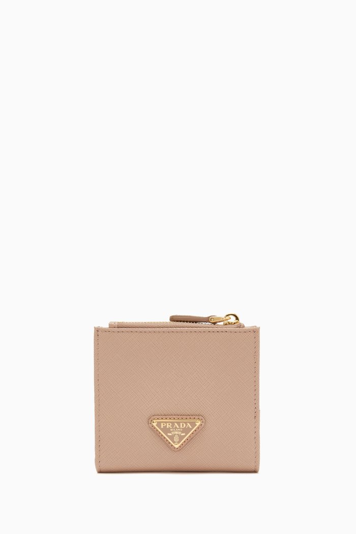 

Triangle Logo Small Wallet in Saffiano Leather, Pink