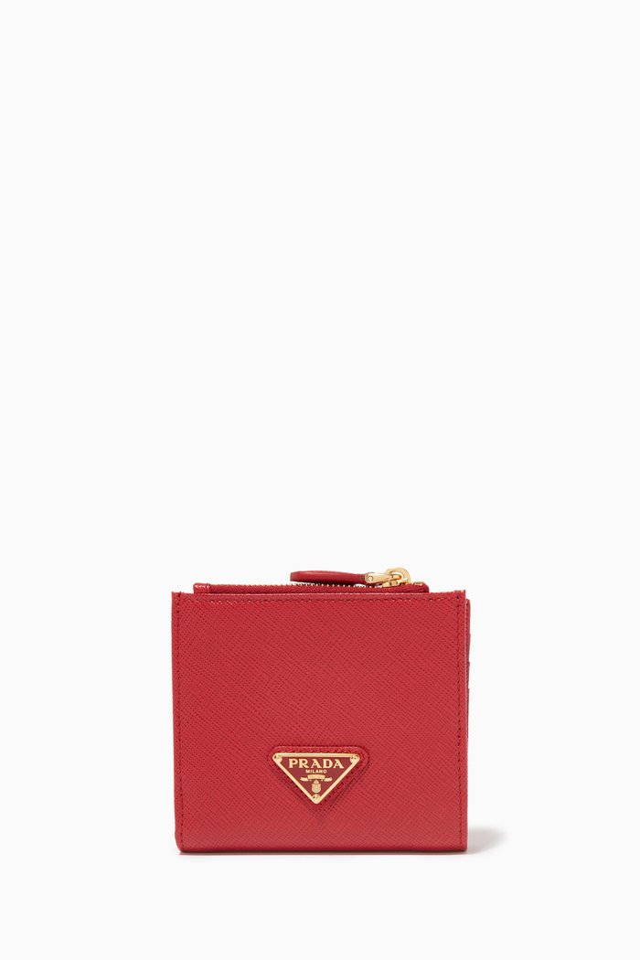

Triangle Logo Small Wallet in Saffiano Leather, Red