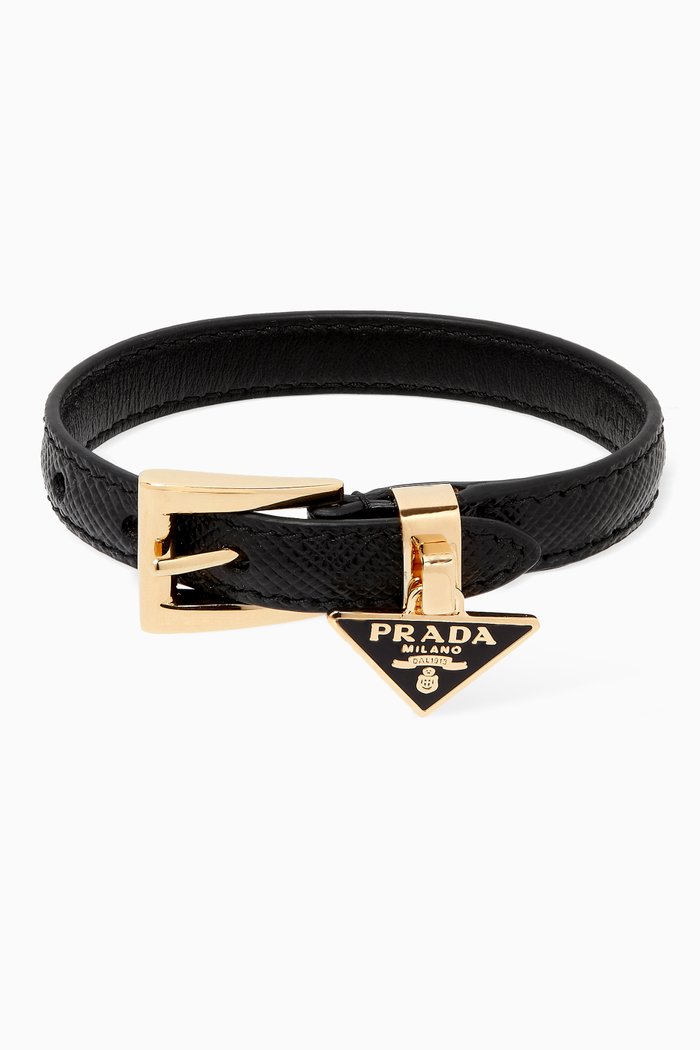 

Triangle Logo Bracelet in Saffiano Leather, Black