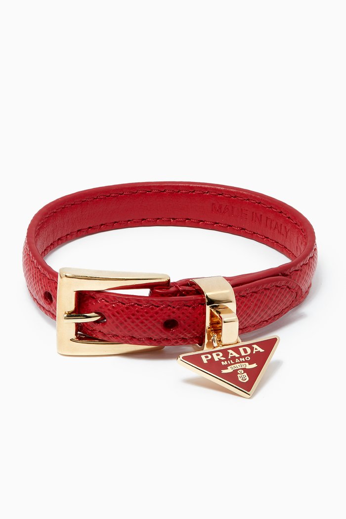 

Triangle Logo Bracelet in Saffiano Leather, Red