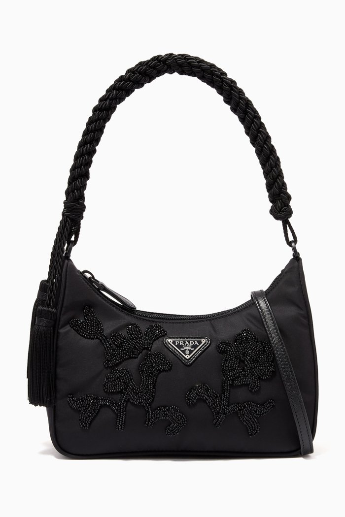 

Small Embroidered Shoulder Bag in Nylon, Black