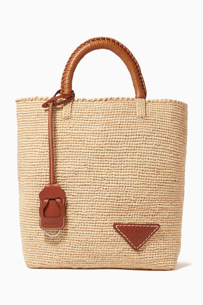 

Triangle Logo Tote Bag in Raffia & Leather, Brown