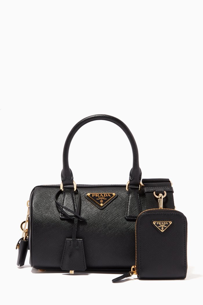 

Triangle Logo Mini Bauletto Bag in Saffiano Leather, Black