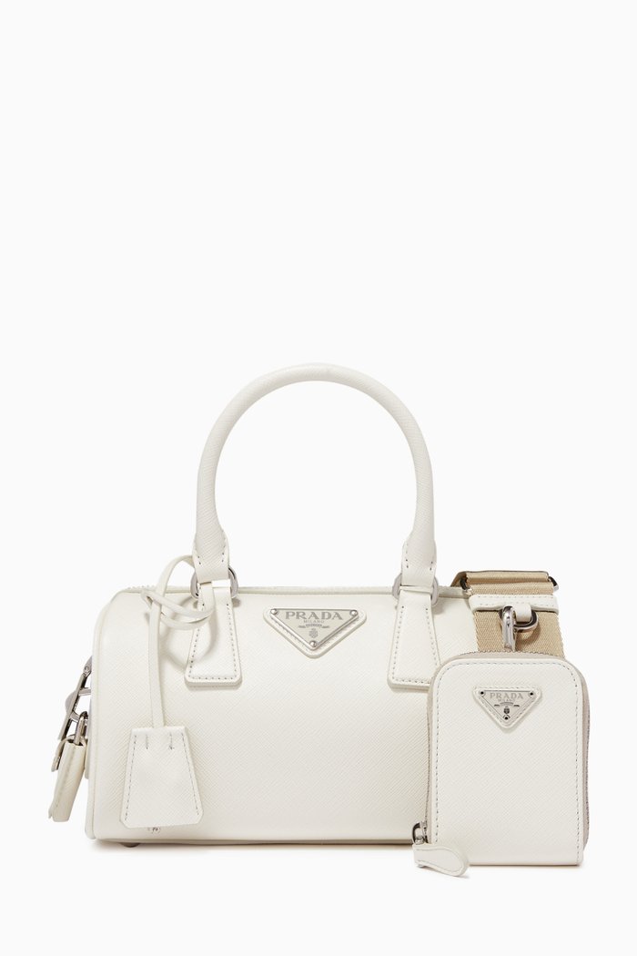 

Triangle Logo Mini Bauletto Bag in Saffiano Leather, White