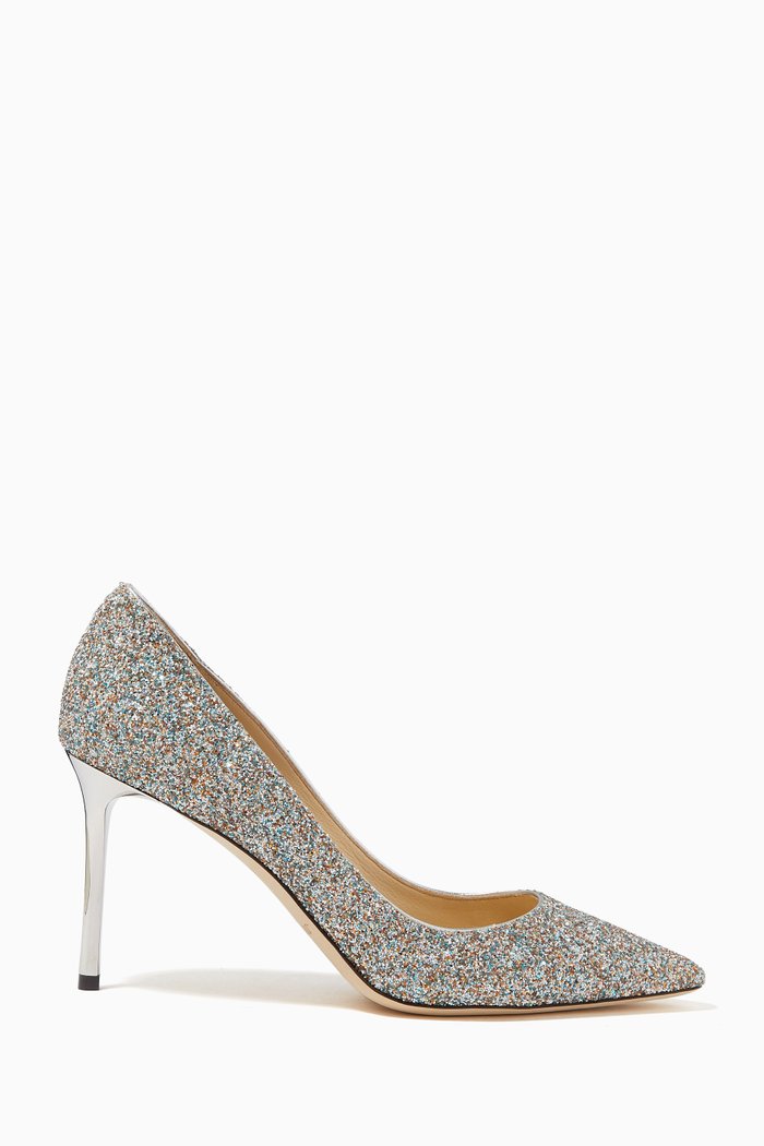 Romy 85 Pumps in Coarse Glitter Fabric, Silver