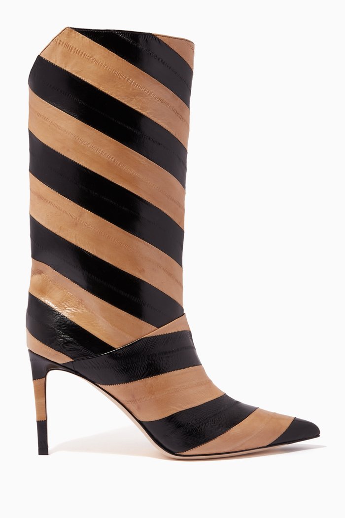 Beren 85 Knee-High Boots in Striped Eel Leather, Black