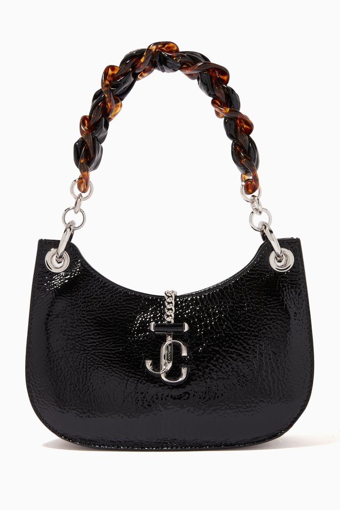 

Varenne Hobo/S Handbag with Chain Strap in Patent Textured Leather, Black