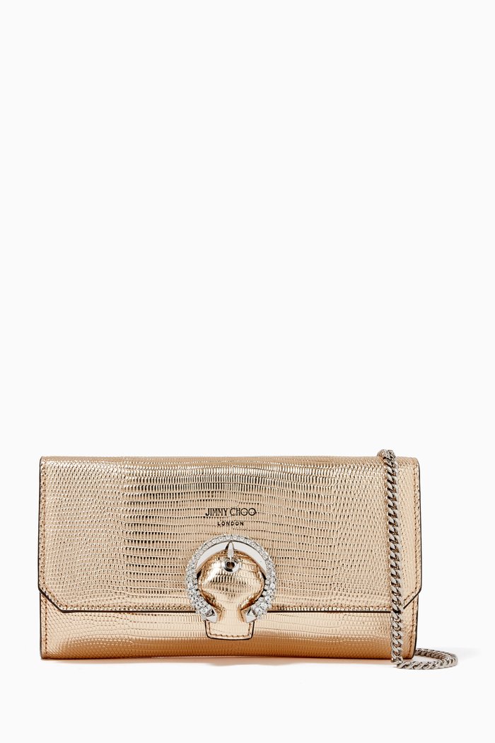 

Wallet with Chain in Metallic Lizard Embossed Leather, Silver