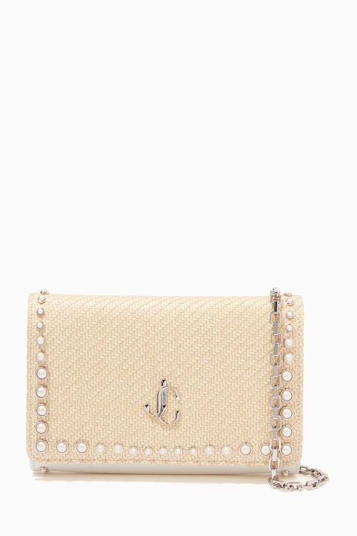 

Varenne Clutch Bag with Pearl Studs in Woven Raffia, White