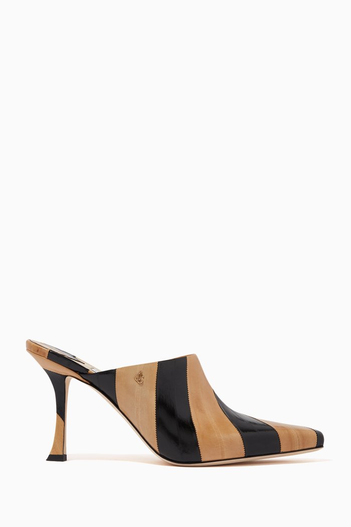

Rya 90 Mules in Striped Eel Leather, Black