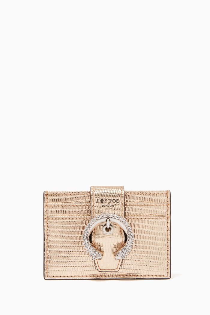 

Umika Card Holder in Metallic Lizard Embossed Leather, Silver