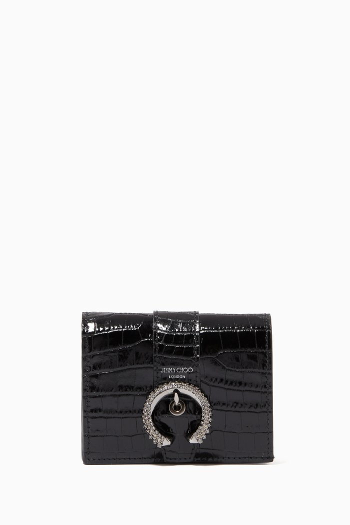 

Hanne Wallet with Crystal Buckle in Croc-embossed Leather, Black