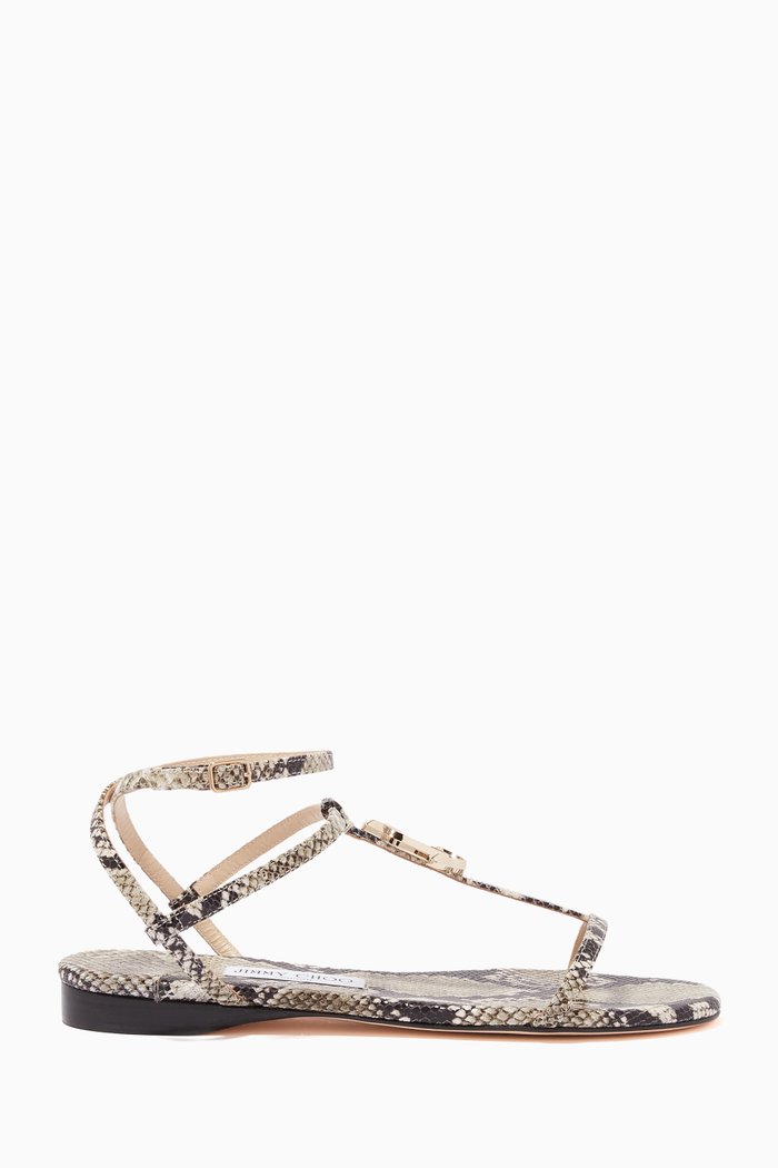 

Alodie Flat Sandals in Snake Printed Leather, Silver