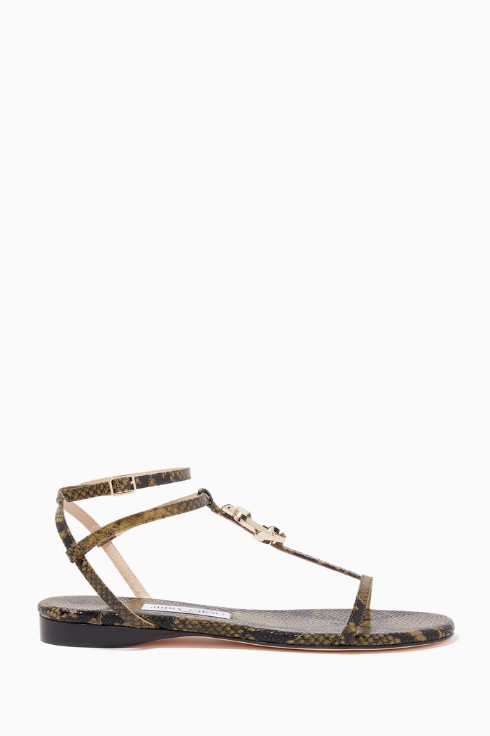 

Alodie Flat Sandals in Snake Printed Leather, Green