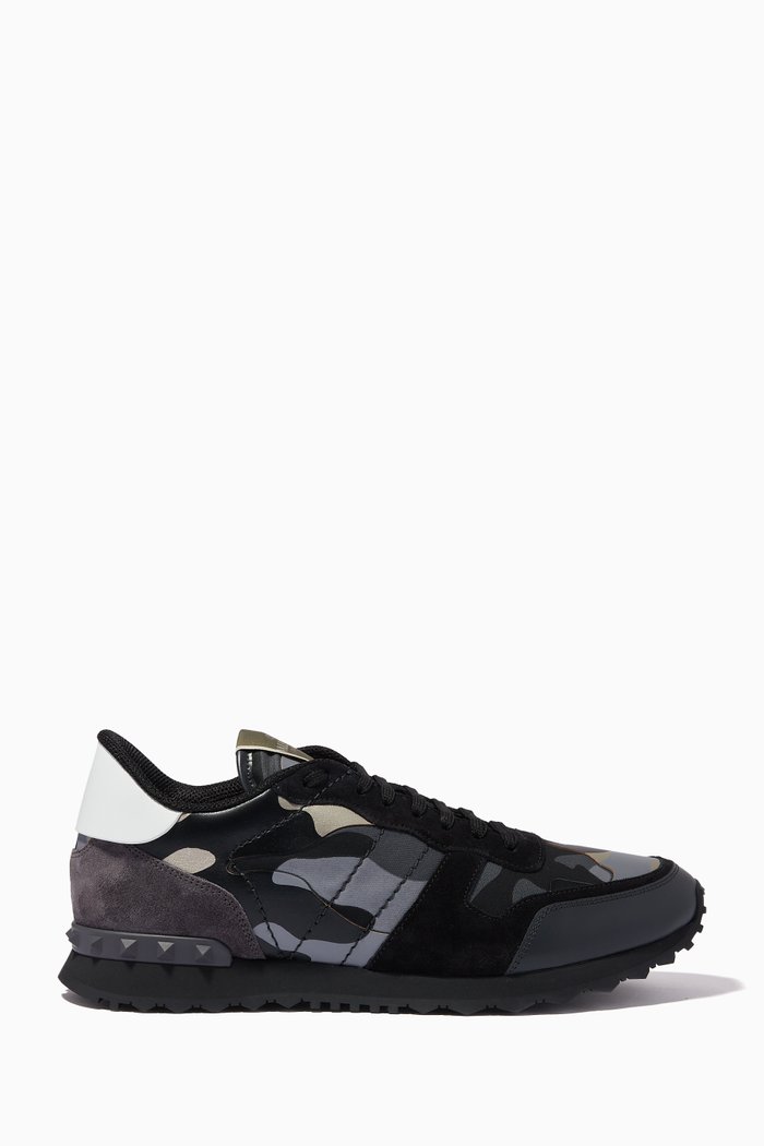

Valentino Garavani Camouflage Rockrunner Sneakers in Leather & Fabric, Black