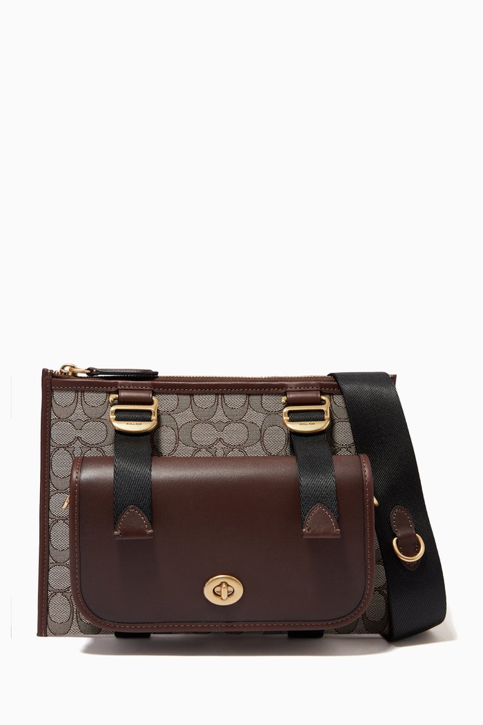 Multifunction Crossbody Bag in Signature Jacquard & Leather, Brown