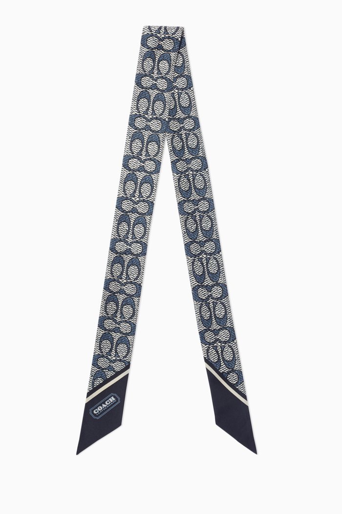 

Vintage Signature Print Skinny Scarf in Silk, Blue