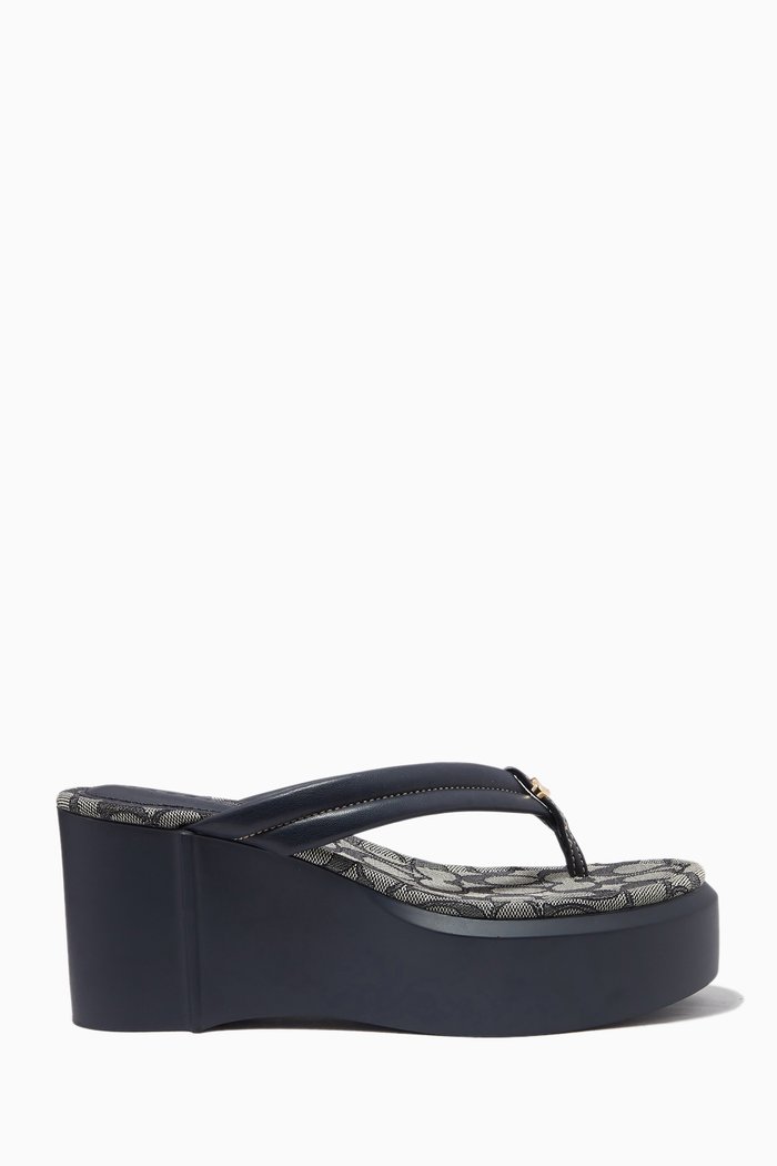 

Franki Platform Flip Flops in Leather & Signature Jacquard, Blue