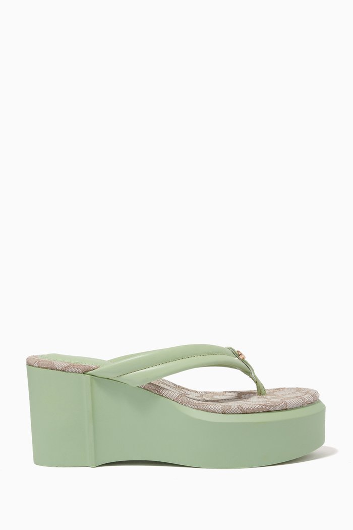 

Franki Platform Flip Flops in Leather & Signature Jacquard, Green