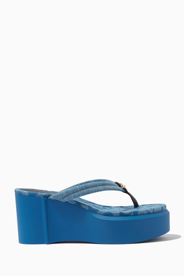 

Franki Platform Flip Flops in Leather & Signature Jacquard, Blue