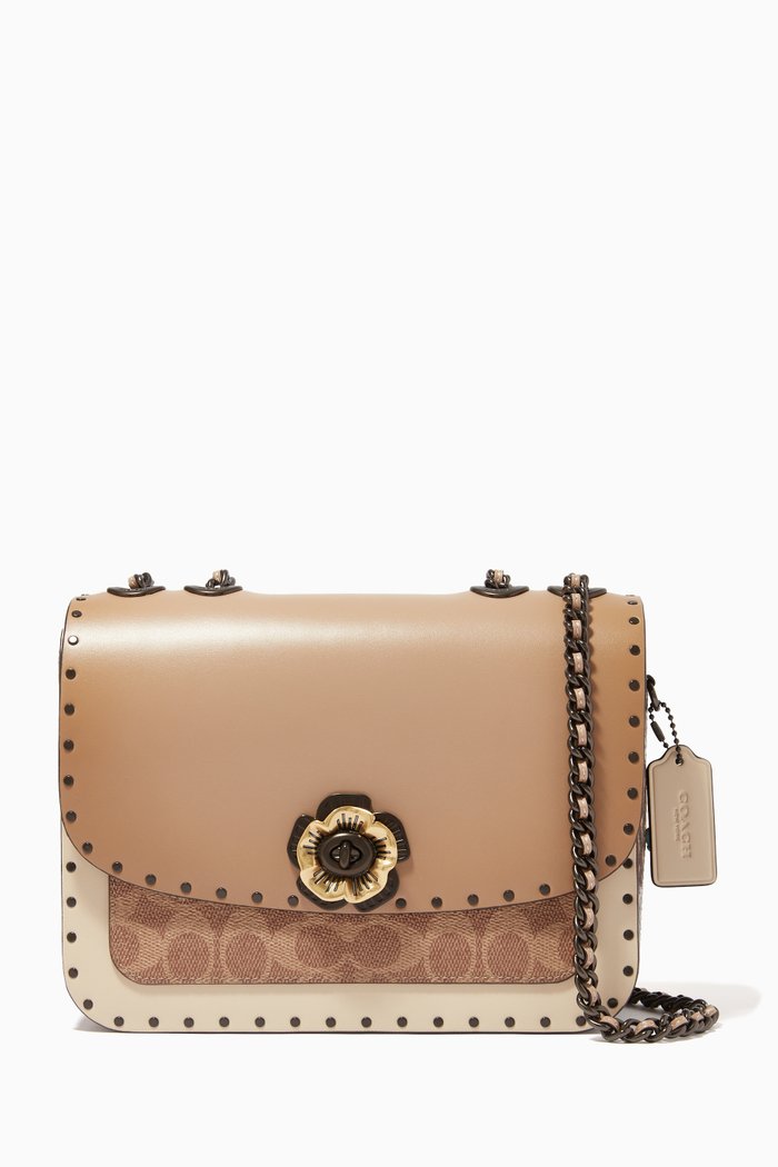 

Madison Shoulder Bag with Rivets & Snakeskin Trims in Signature Canvas, Neutral