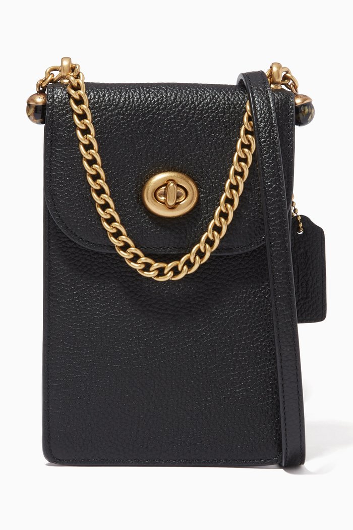 Liv Phone Crossbody Bag in Pebbled Leather, Black