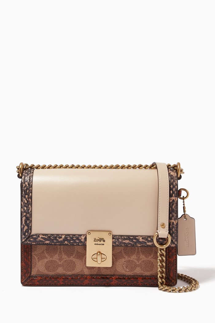 

Hutton Shoulder Bag with Snakeskin in Signature Canvas & Leather, Brown
