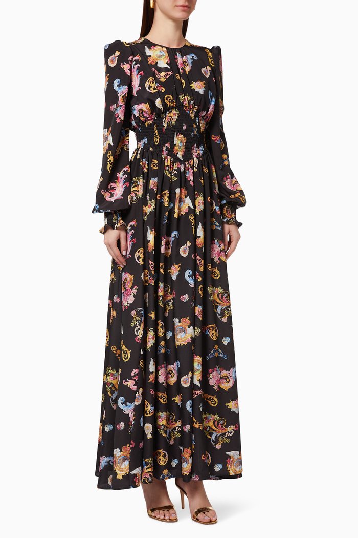 Lady Smocked Dress with Rococo Print, Black